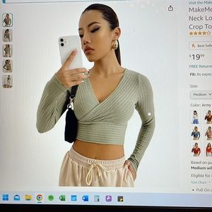 Women’s Deep V Neck Long Sleeve Cross Wrap Crop Top